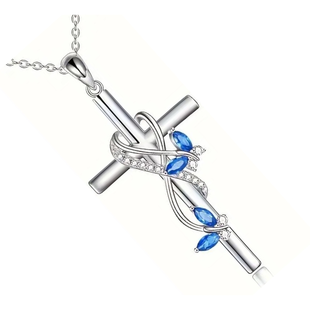 Sterling Silver Cross Necklace, Heart Pendant | Blue Cubic Zirconia NWT
